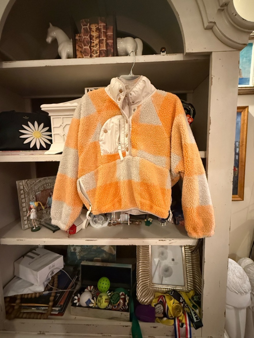 Free People FP movement Xs hit the slopes printed fleece pullover orange plaid - Picture 4 of 7